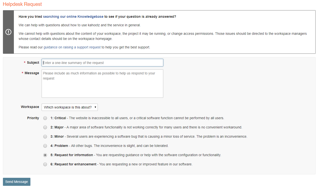 Helpdesk request page on Kahootz