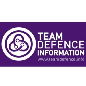 Team Defence Information logo featuring a white interlinked symbol and bold text on a purple background with the URL www.teamdefence.info.