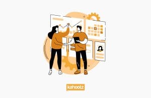 Illustration of two people shaking hands in front of charts, graphs, and a calendar, symbolising successful collaboration; Kahootz logo at the bottom.