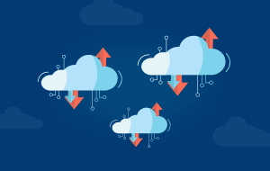 Illustration of multiple cloud icons with red arrows pointing up and blue arrows pointing down, representing cloud data upload and download.