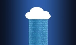 Illustration of a white cloud on a blue background, raining binary code made up of ones and zeros, symbolising cloud computing or data transfer.