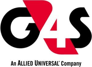 Logo for G4S, an Allied Universal company, featuring bold black and red letters on a white background.
