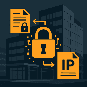Illustration of secure digital file sharing, featuring a glowing lock icon and encrypted file symbols on a dark blue-grey background, representing cybersecurity and data protection for professional organisations.