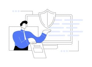 Illustration of a person holding a document while gesturing towards a large computer screen displaying a shield symbol, representing digital security or data protection. Lines of text appear on the screen, symbolising digital information or code, indicating a focus on cybersecurity or secure information management.