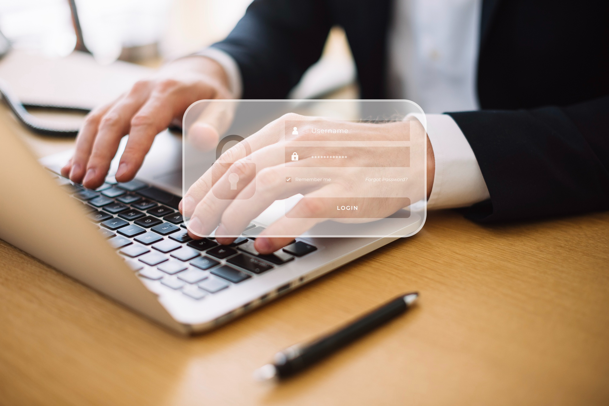 Businessman typing on laptop keyboard with a virtual login screen overlay showing username, password, and login options.