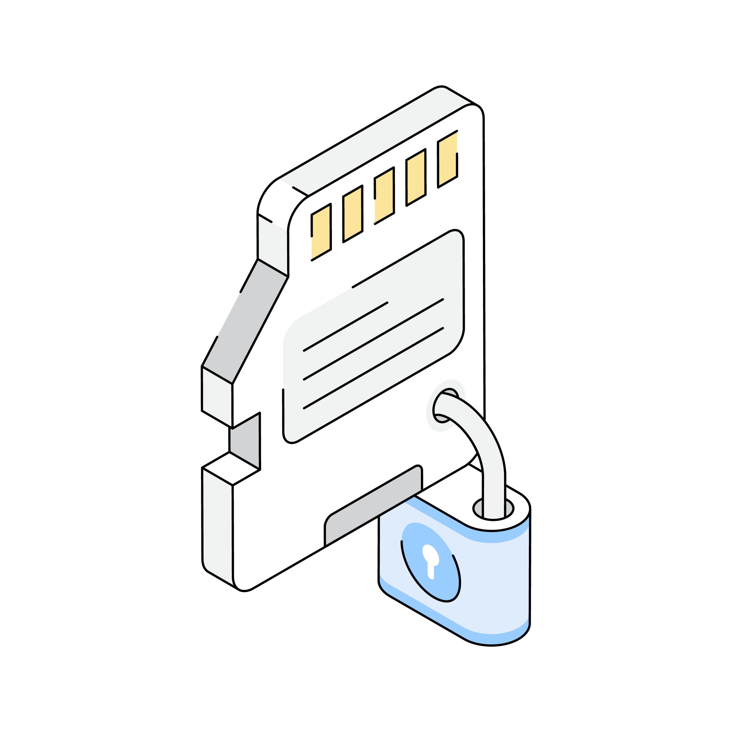 SD-Card-With-Unlocked-Lock An illustration of an SD card with a lock attached to it, indicating that the card is unlocked. The lock is shown with a keyhole and is connected to the SD card by a metal shackle.