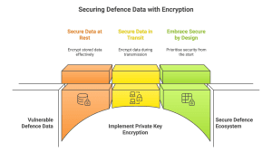 Diagram showing private key encryption across the defence ecosystem, illustrating secure data at rest, secure data in transit, and security by design transitioning from vulnerable to secure defence data.