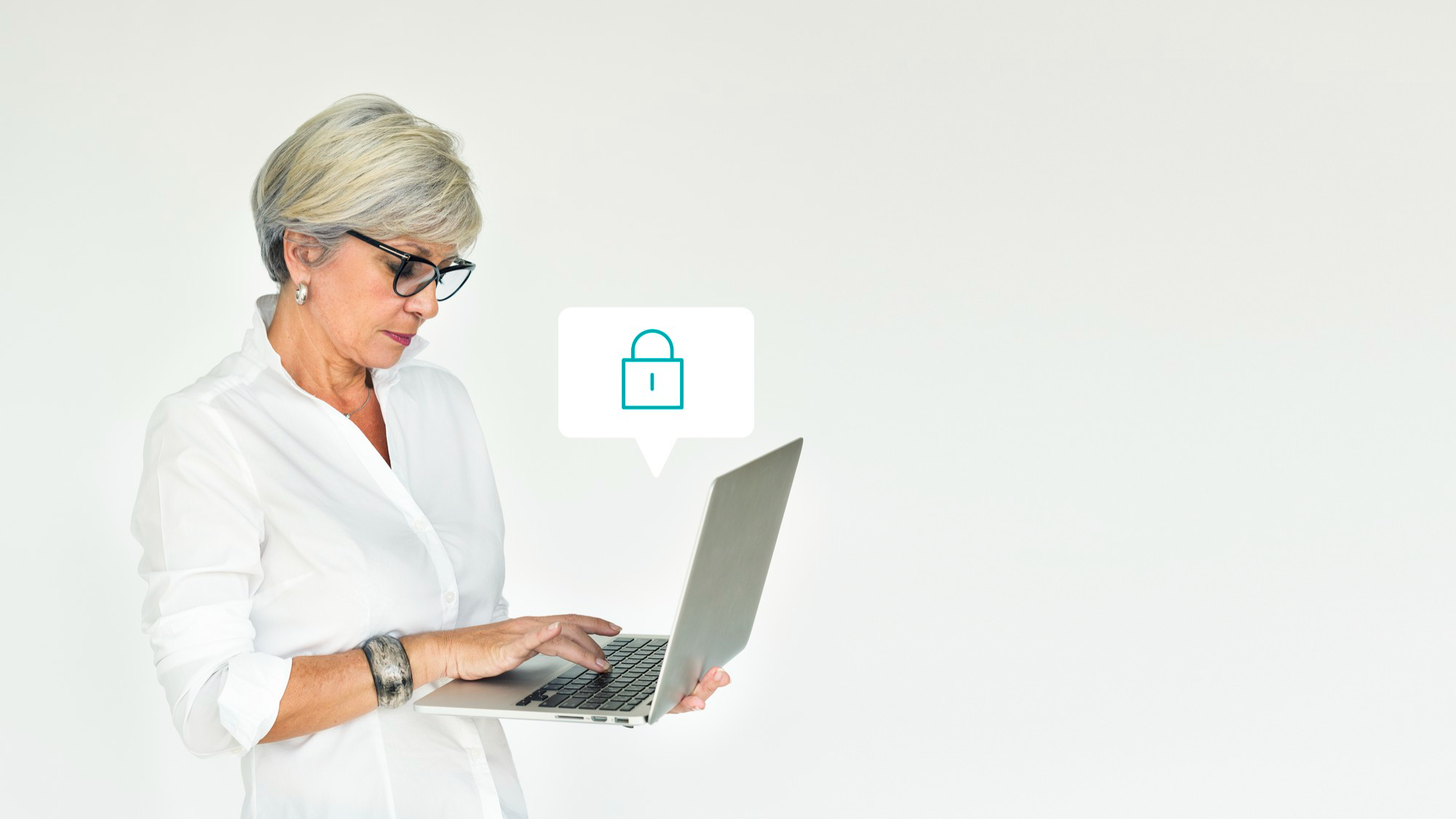 Older woman wearing glasses using a laptop, with a digital padlock icon symbolizing secure data or online privacy.